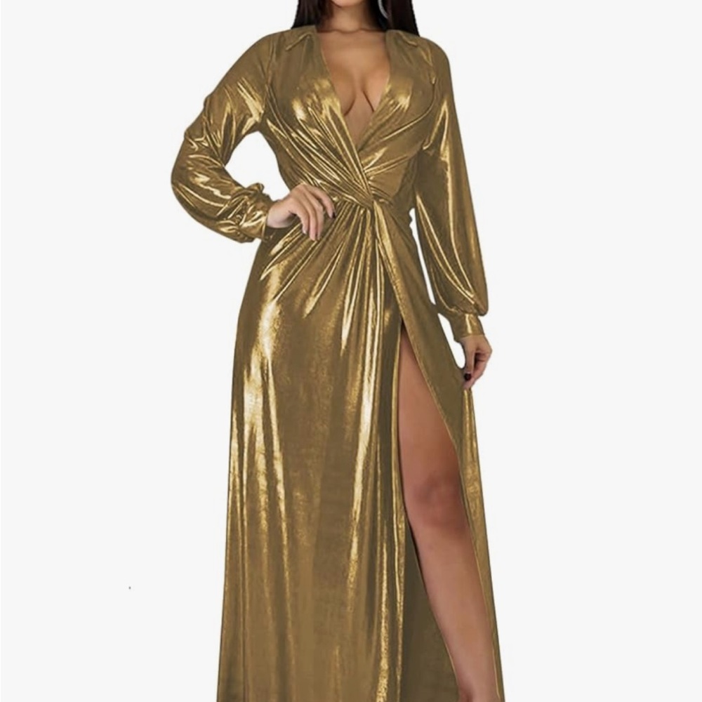 Gold Ruched Gown with Plunge Neckline and Long Bishop Sleeves